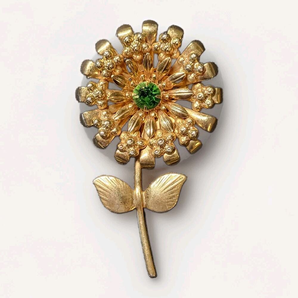 Vintage Gold Tone Flower Brooch Pin Large Daisy Floral Stem Nature Design
